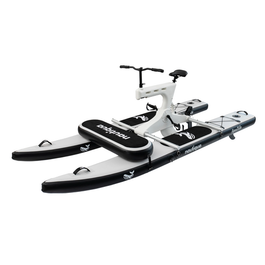 Inflatable water bike with handlebar and seat on a white background