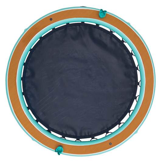 Round trampoline with brown border and teal interior on a white background