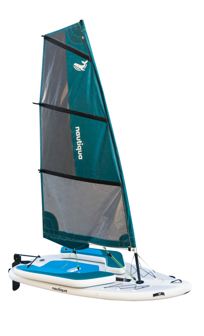 Nautica sailboard with teal sail on a white background