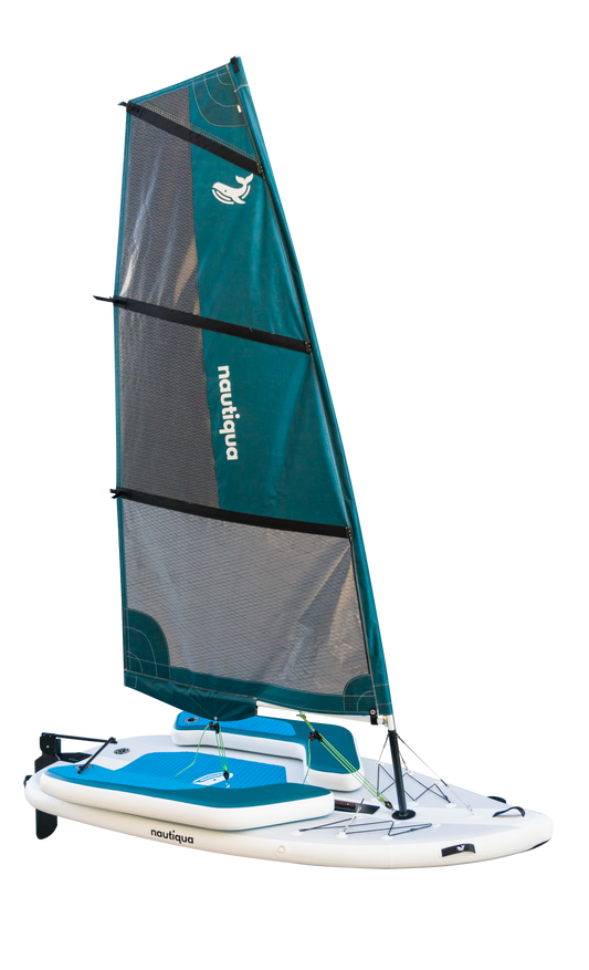 Nautica sailboard with teal sail on a white background
