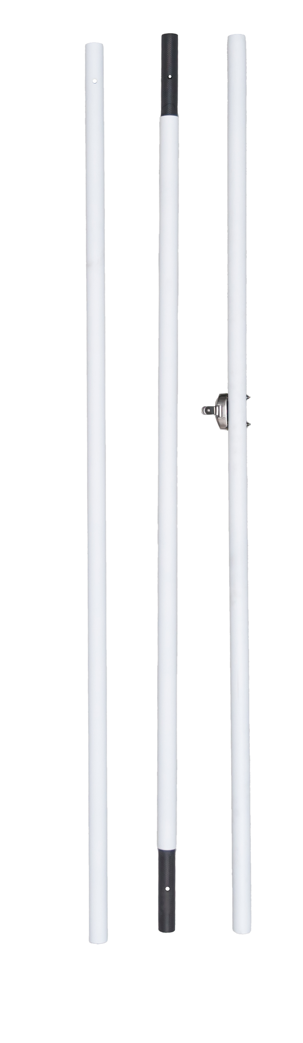 Set of white poles with black accents on a white background