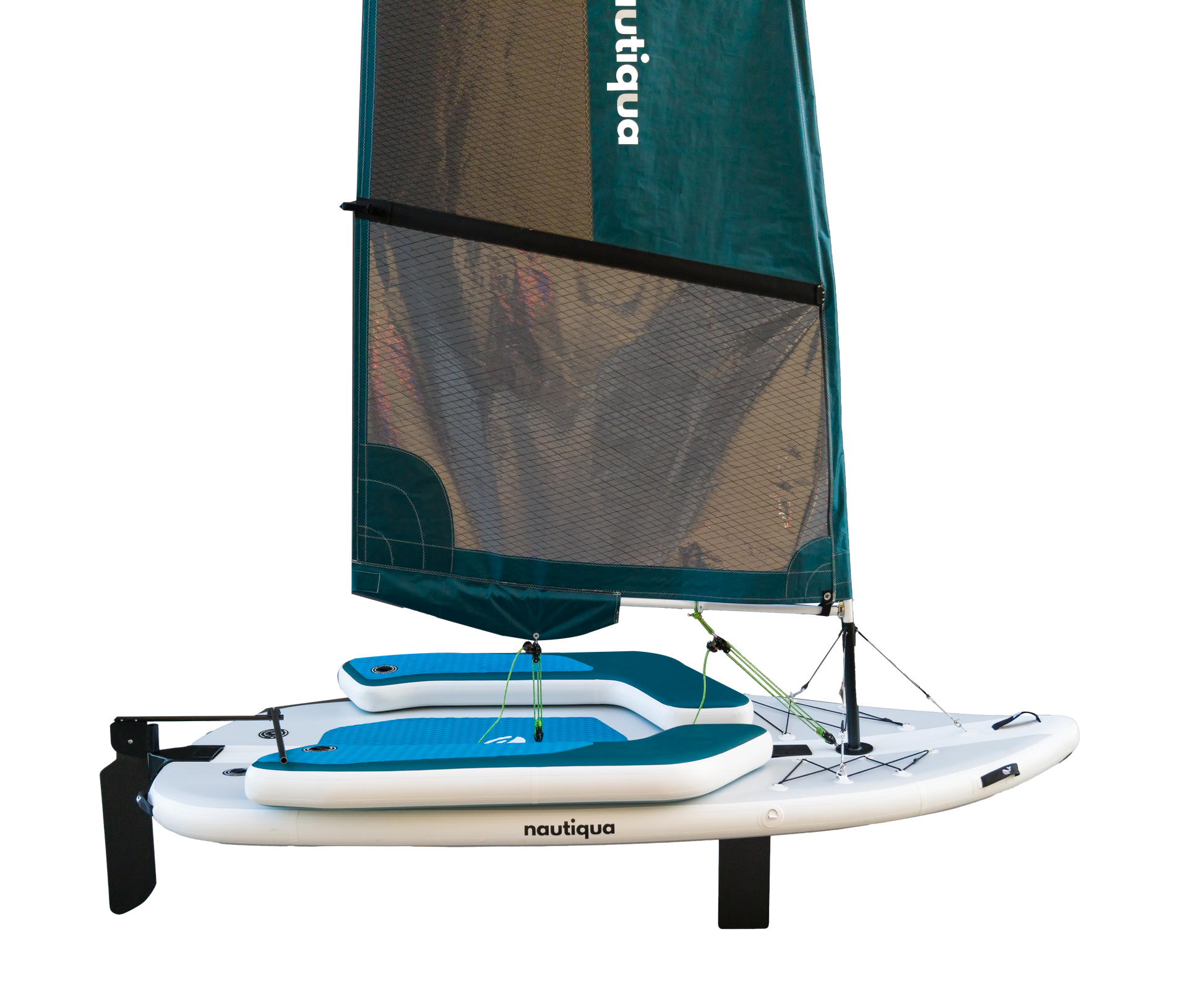 Nautiqua inflatable sailboard with teal sail on a white background