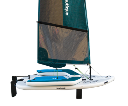 Nautiqua inflatable sailboard with teal sail on a white background