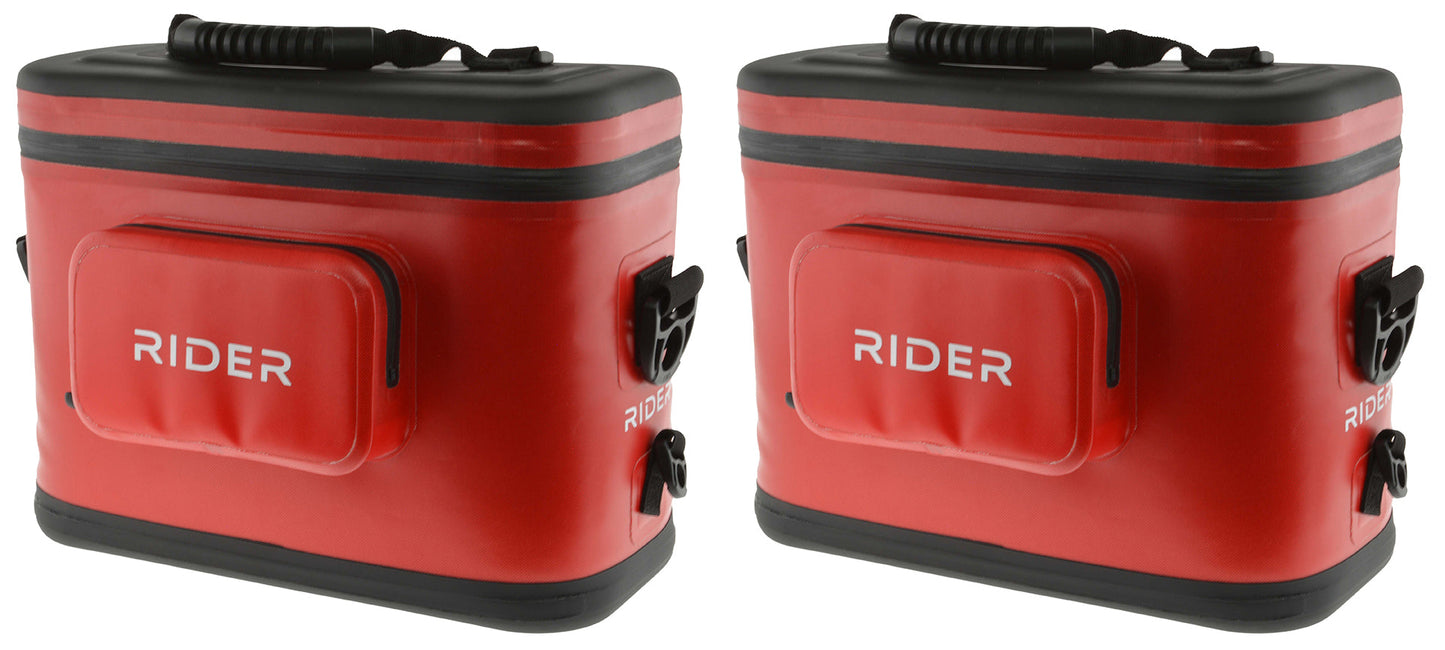Two red cooler bags with black lids and 'Rider' branding on a white background.