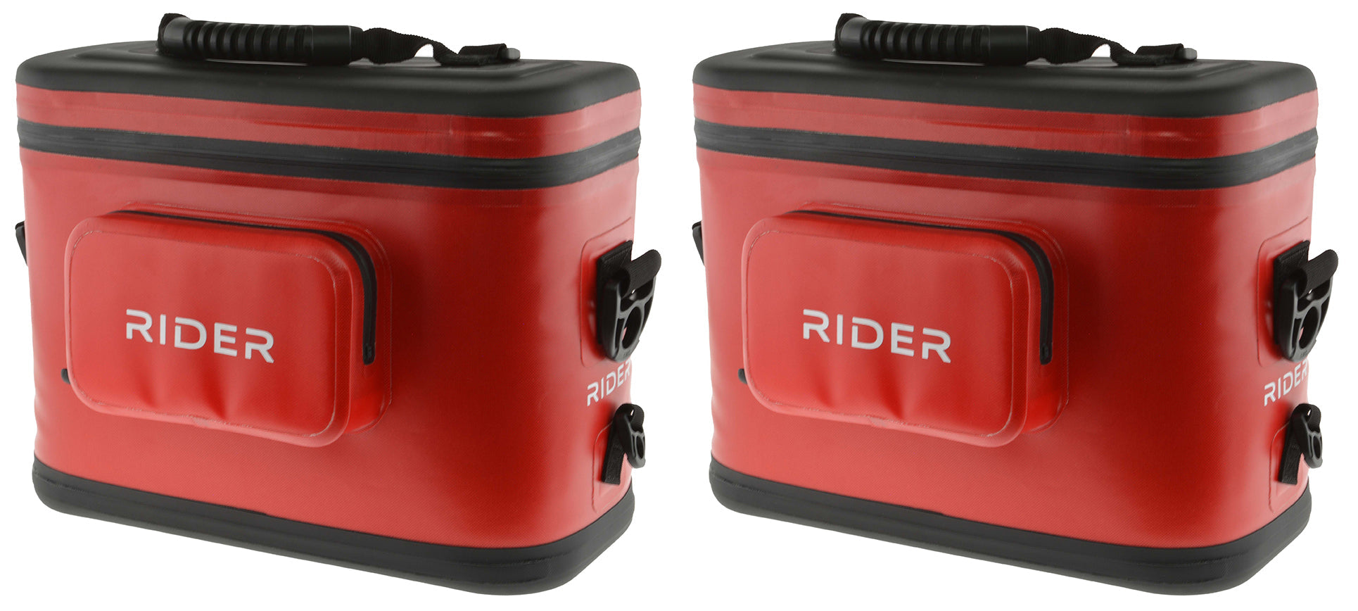Two red cooler bags with black lids and 'Rider' branding on a white background.