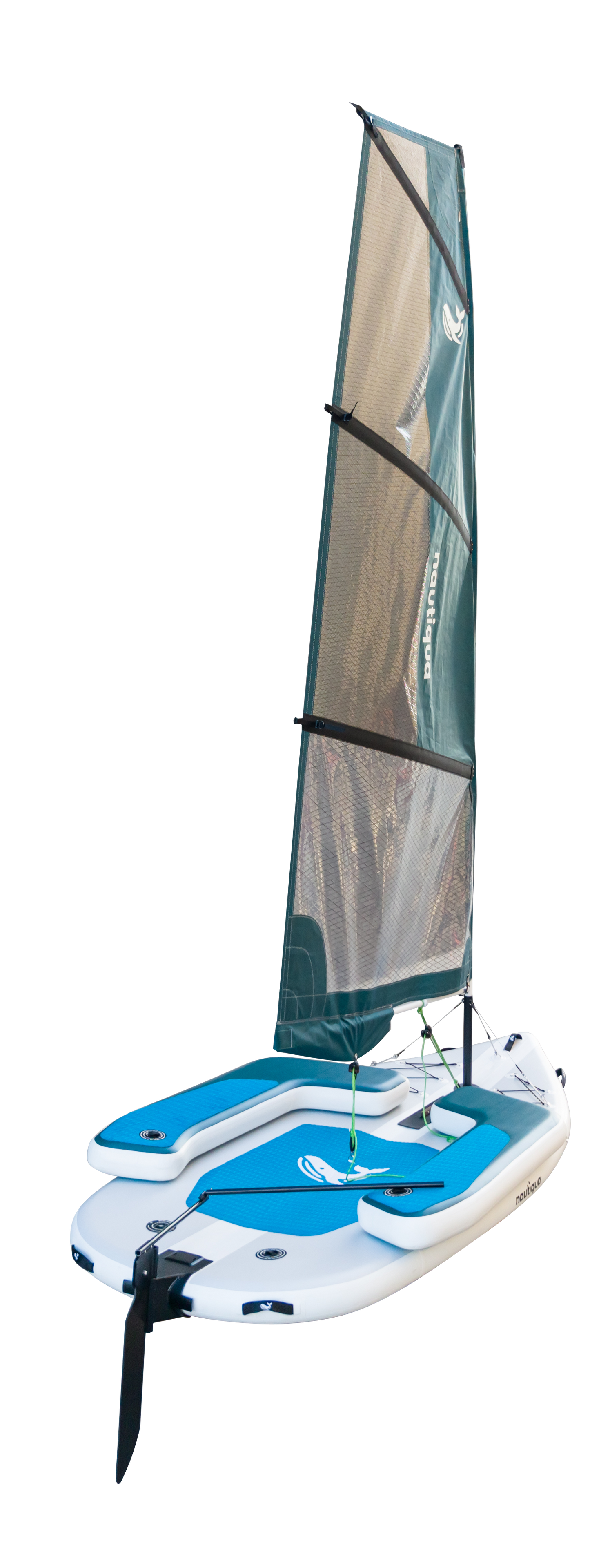 Small sailboat with teal and gray sail on a white background