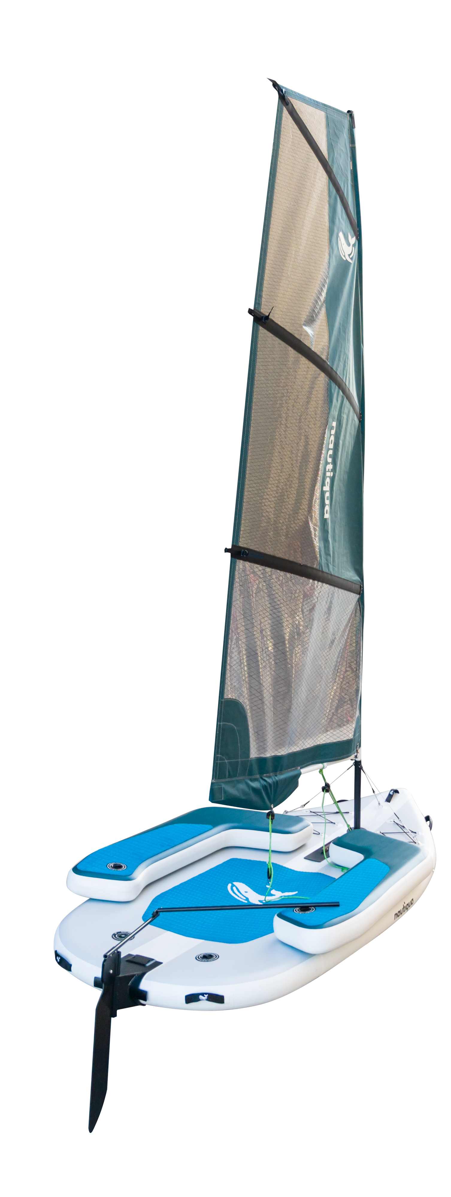 Small sailboat with teal and gray sail on a white background