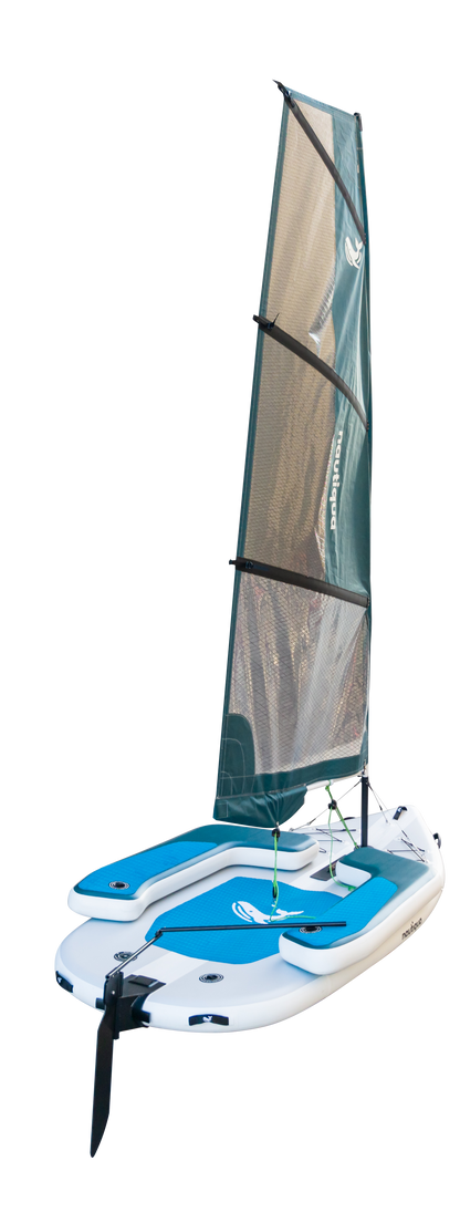 Small sailboat with teal and gray sail on a white background