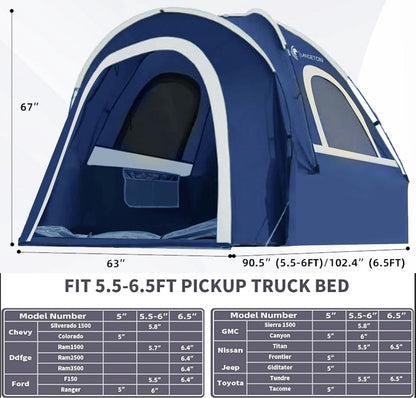 Lanceton Pickup Truck Tent – Waterproof PU3000, Fits 5.5'-6.5' Beds (F150, Ram, Silverado, Tundra)