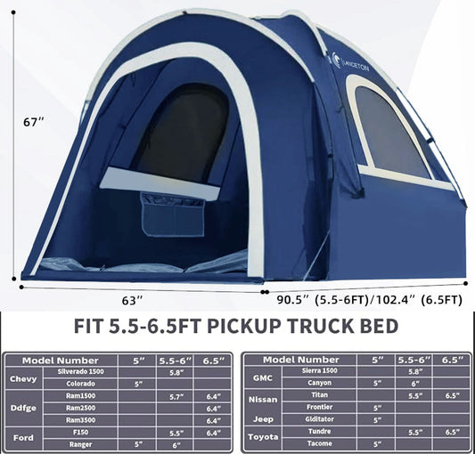 Lanceton Pickup Truck Tent – Waterproof PU3000, Fits 5.5'-6.5' Beds (F150, Ram, Silverado, Tundra)