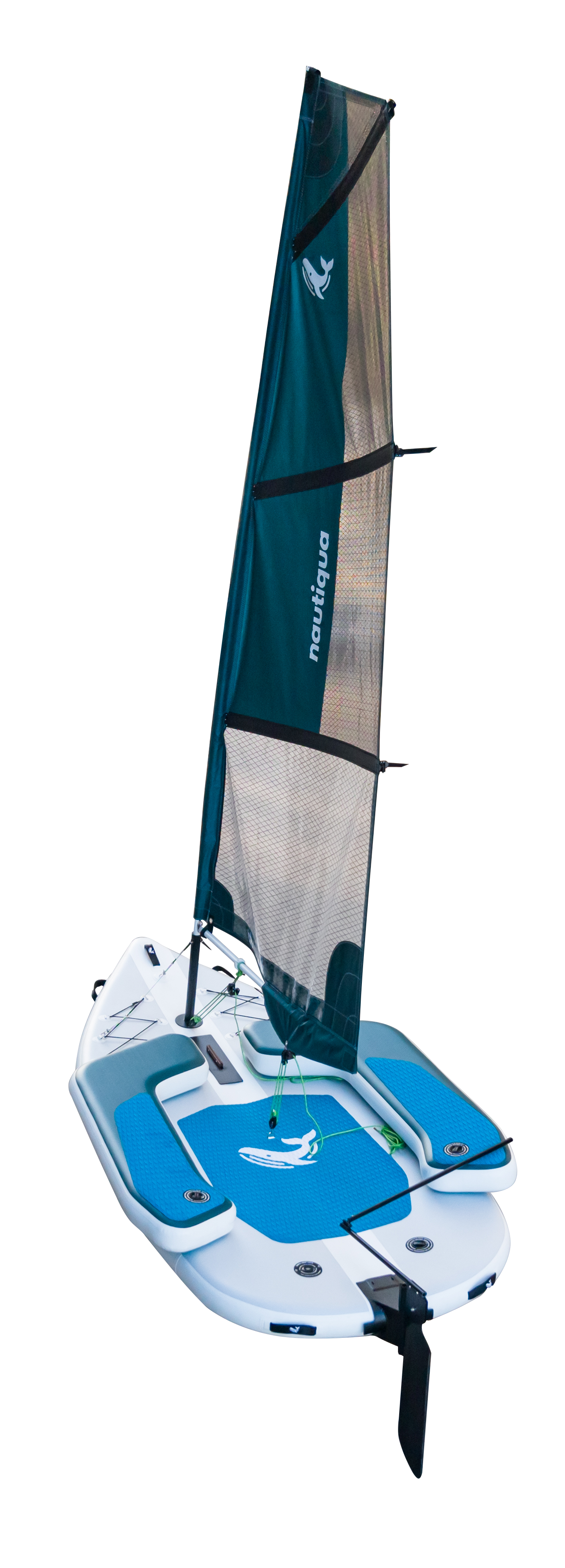 Small sailboat with a teal sail on a white background