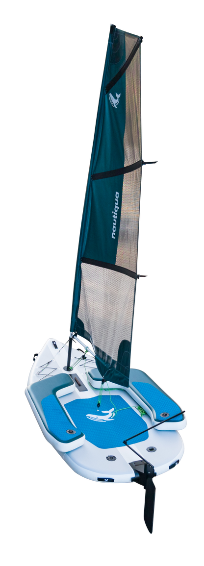Small sailboat with a teal sail on a white background