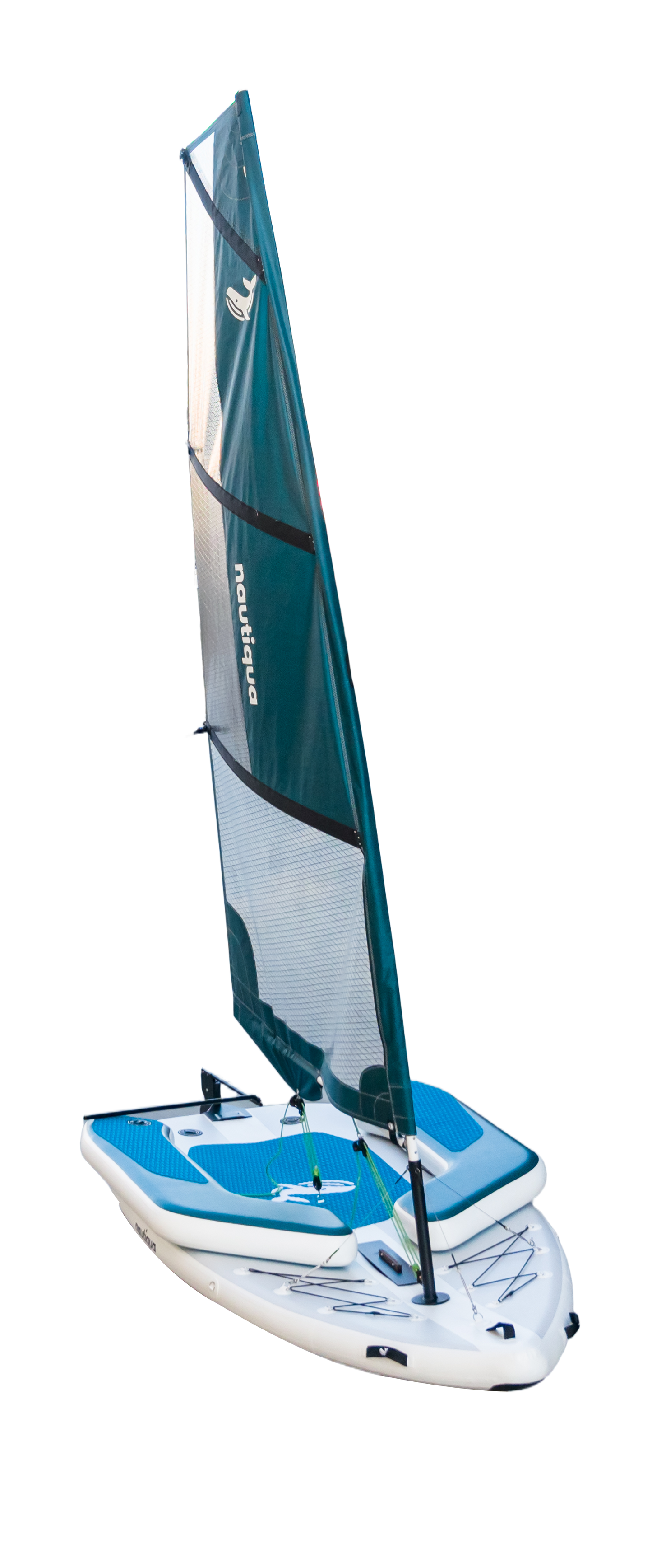 Inflatable sailboat with a green and blue sail on a white background