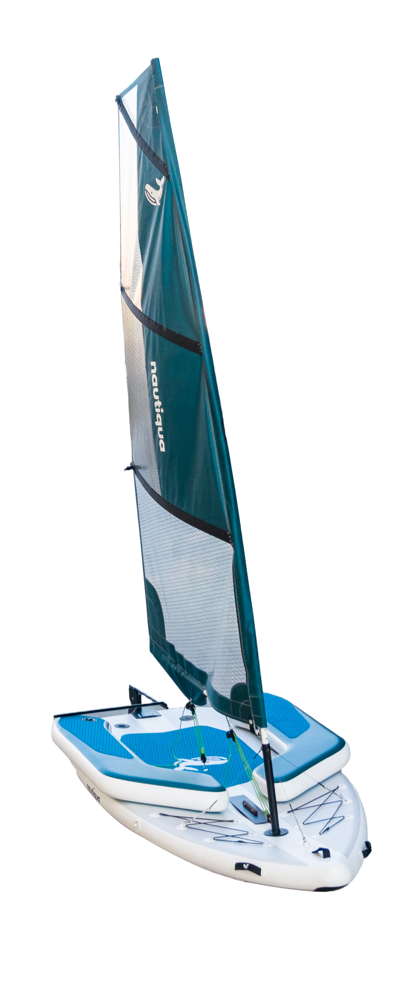 Inflatable sailboat with a green and blue sail on a white background