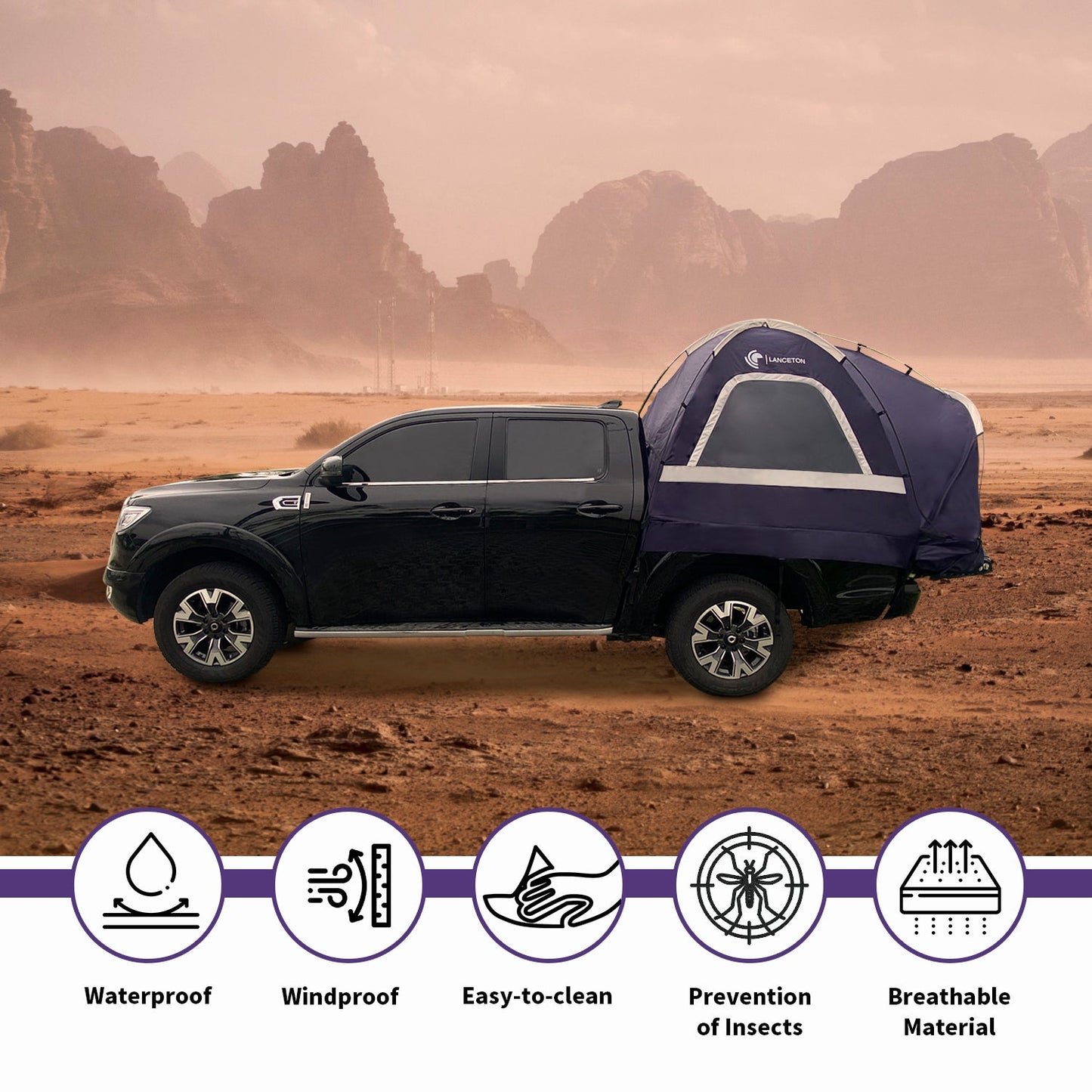 Lanceton Pickup Truck Tent – Waterproof PU3000, Fits 5.5'-6.5' Beds (F150, Ram, Silverado, Tundra)