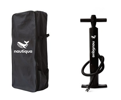 Black inflatable boat bag and pump with Nautica branding on a white background