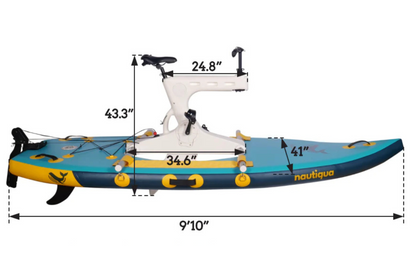 Inflatable kayak with measurement details on a white background