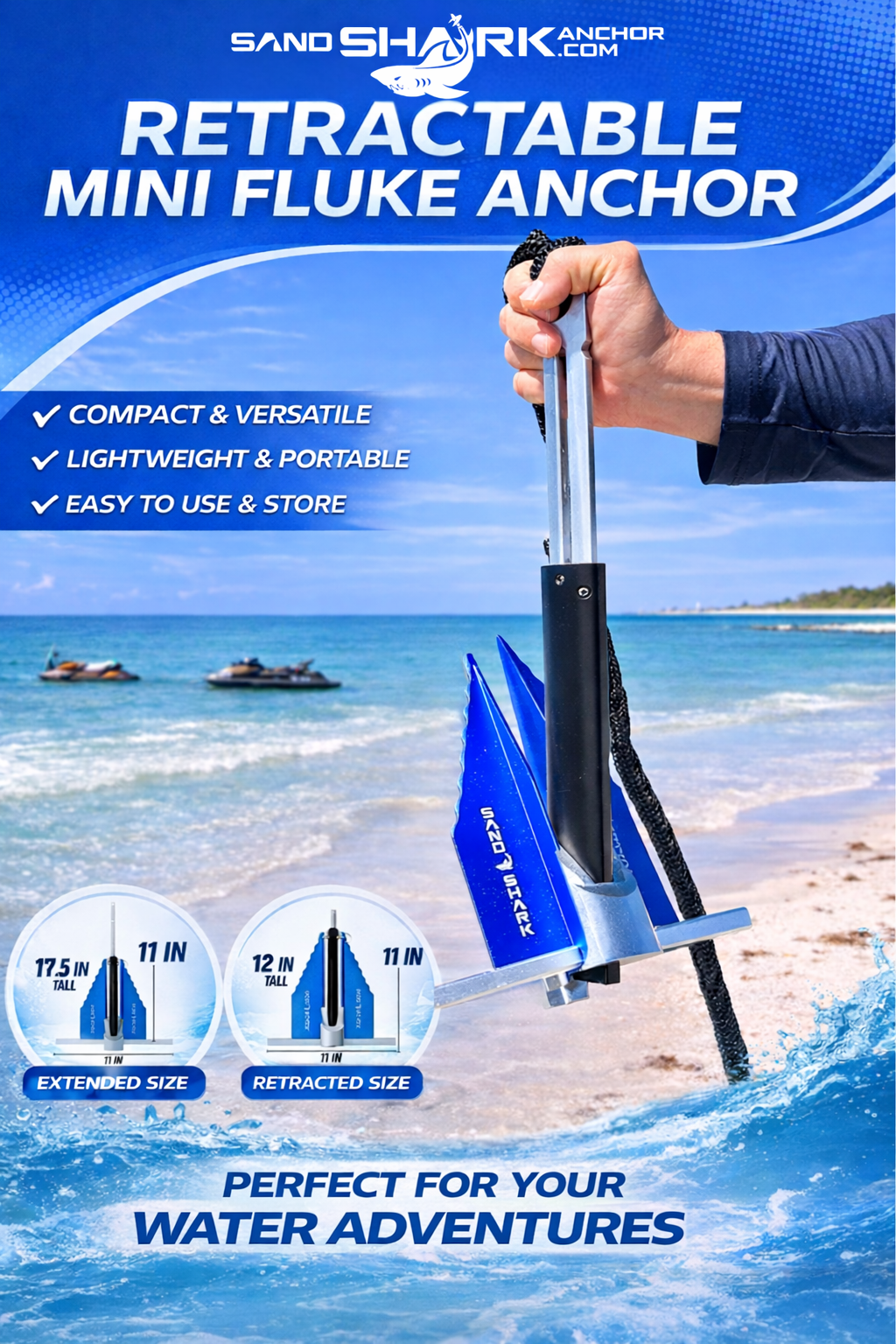 Mini Fluke Anchorâ€“ Compact, Powerful Anchor for Jet Skis, PWCs, Kayak, & Small Boats (Anchor, Line, Case)