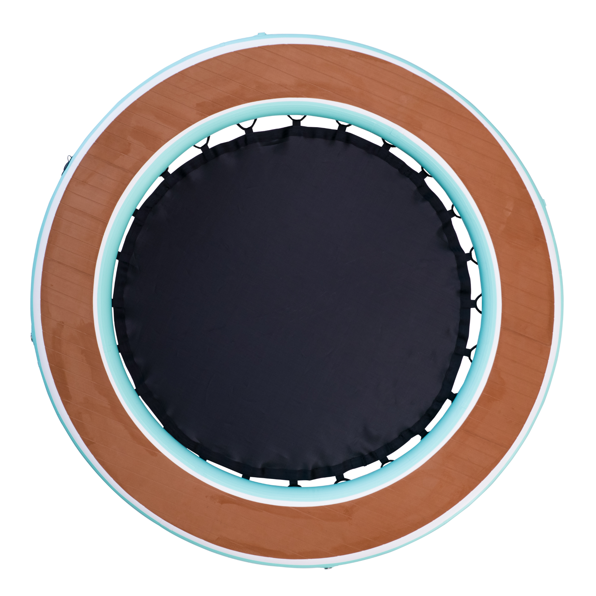 Round trampoline with brown border and black interior on a white background