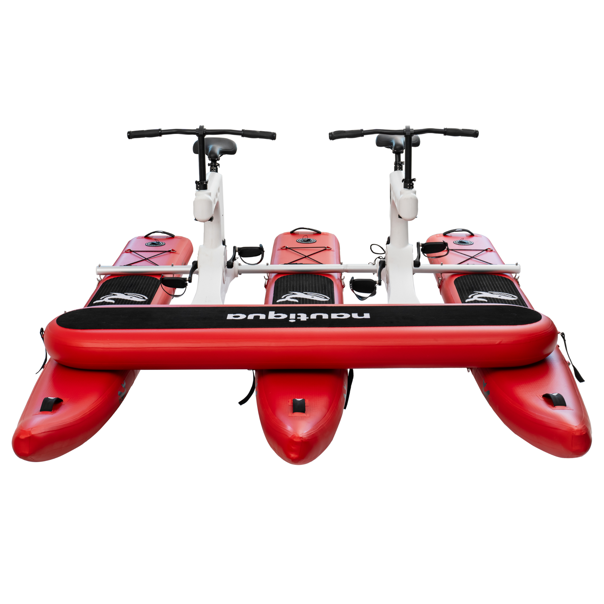 Red and white water bike with a black seat on a white background