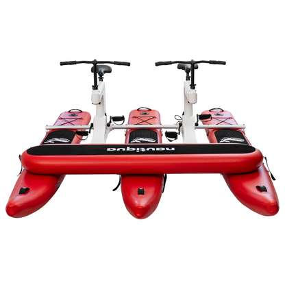 Red and white water bike with a black seat on a white background