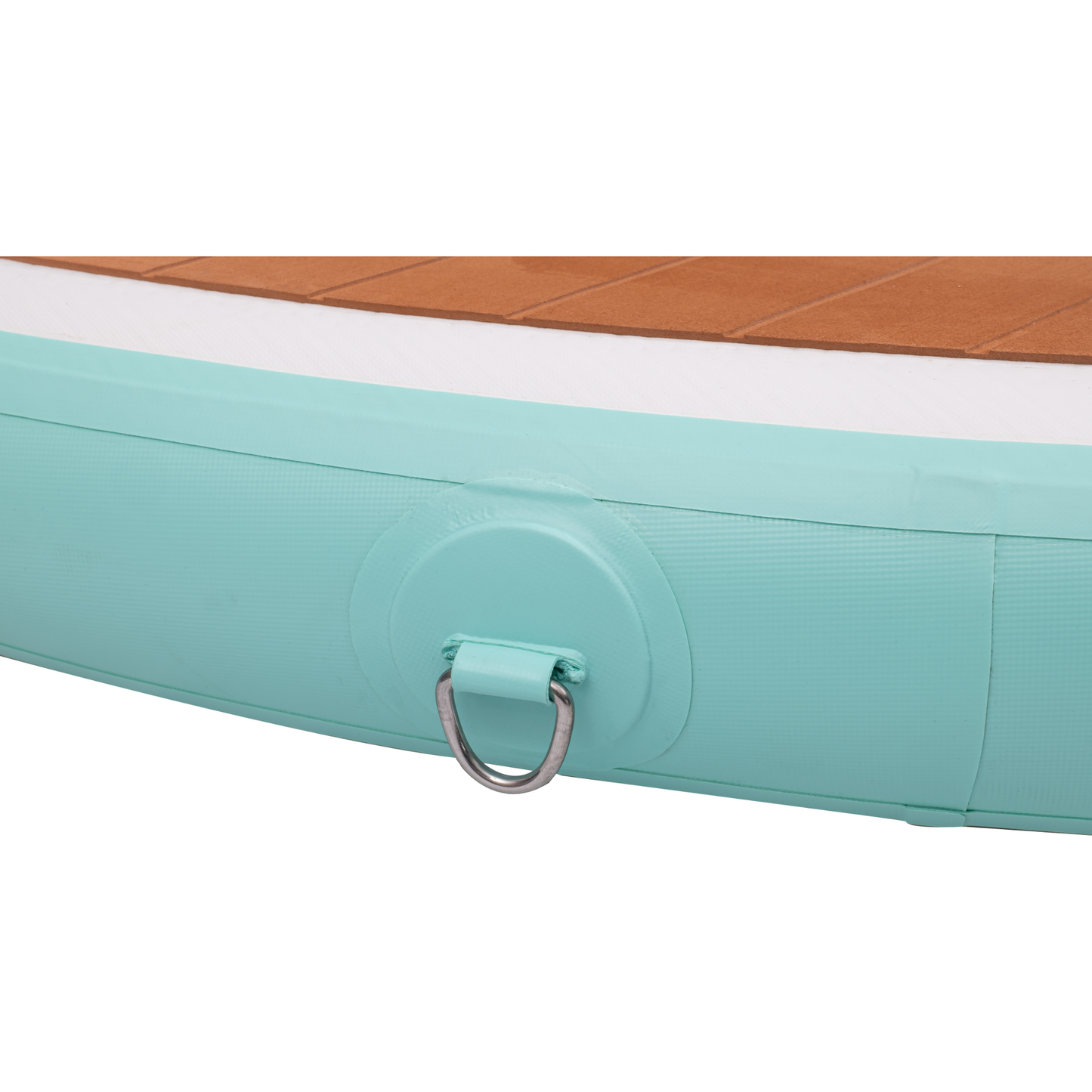 Section of an inflatable pool with wooden top and teal side, featuring a handle.