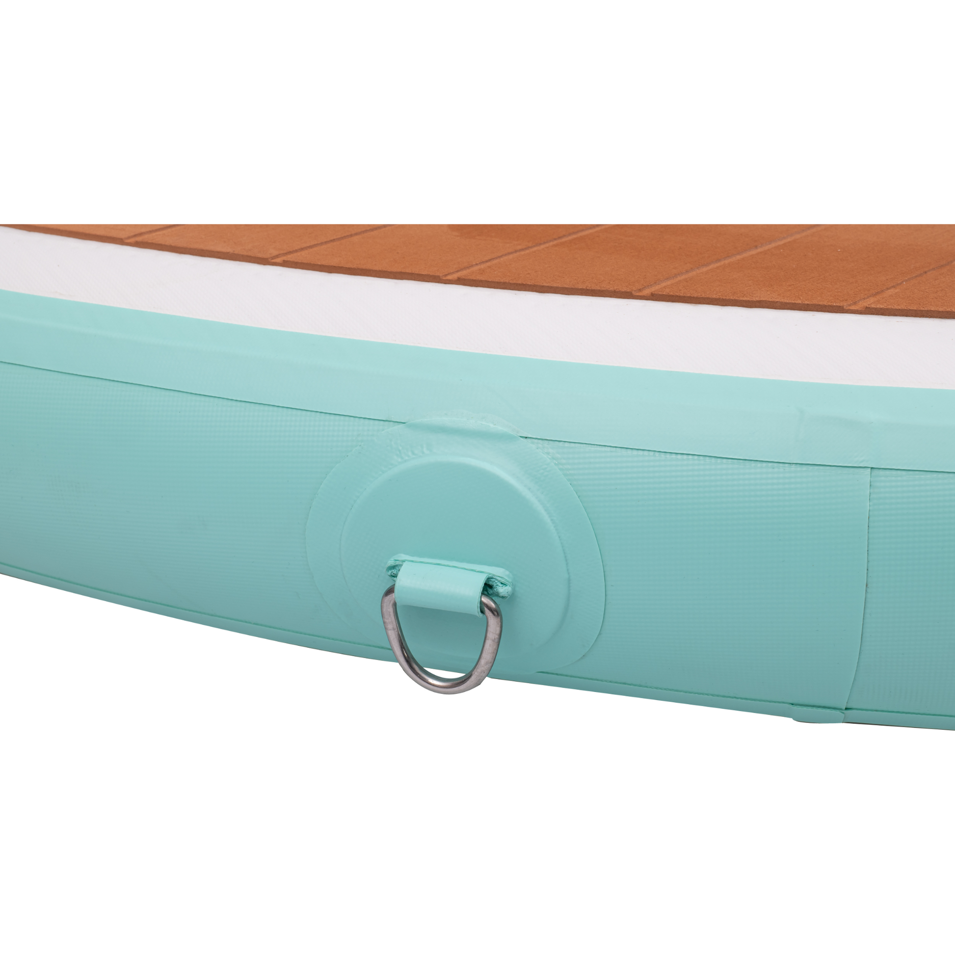 Section of an inflatable pool with wooden top and teal side, featuring a handle.