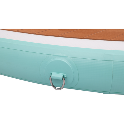 Section of an inflatable pool with wooden top and teal side, featuring a handle.