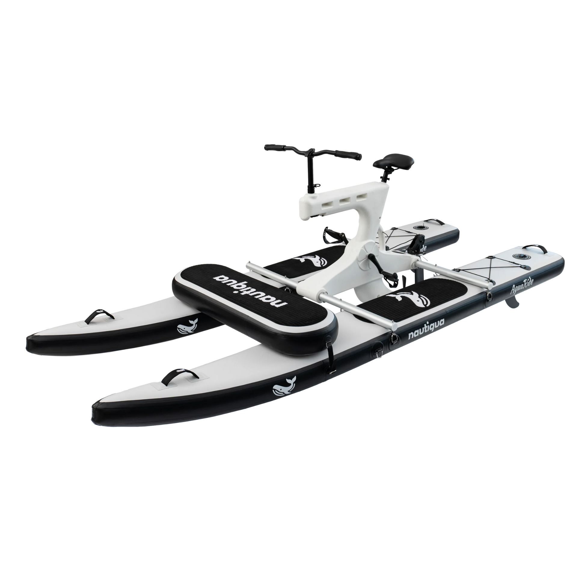 Inflatable water bike with handlebar and seat on a white background