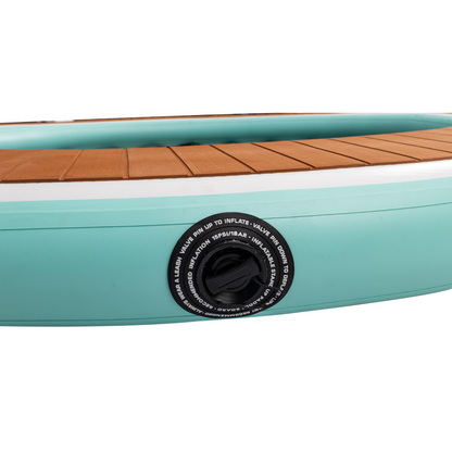 Inflatable kayak with wooden seat on a white background