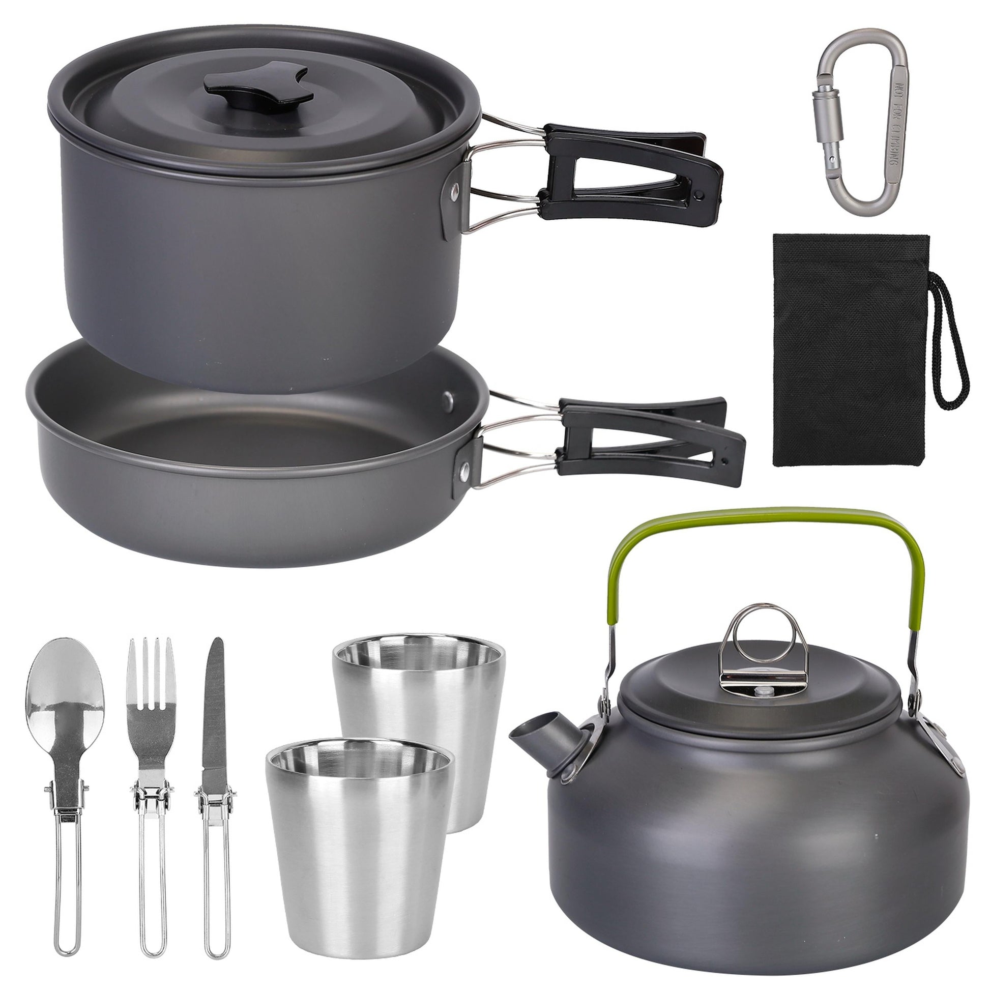 Camping cookware set with pots, pans, kettle, and utensils on a white background