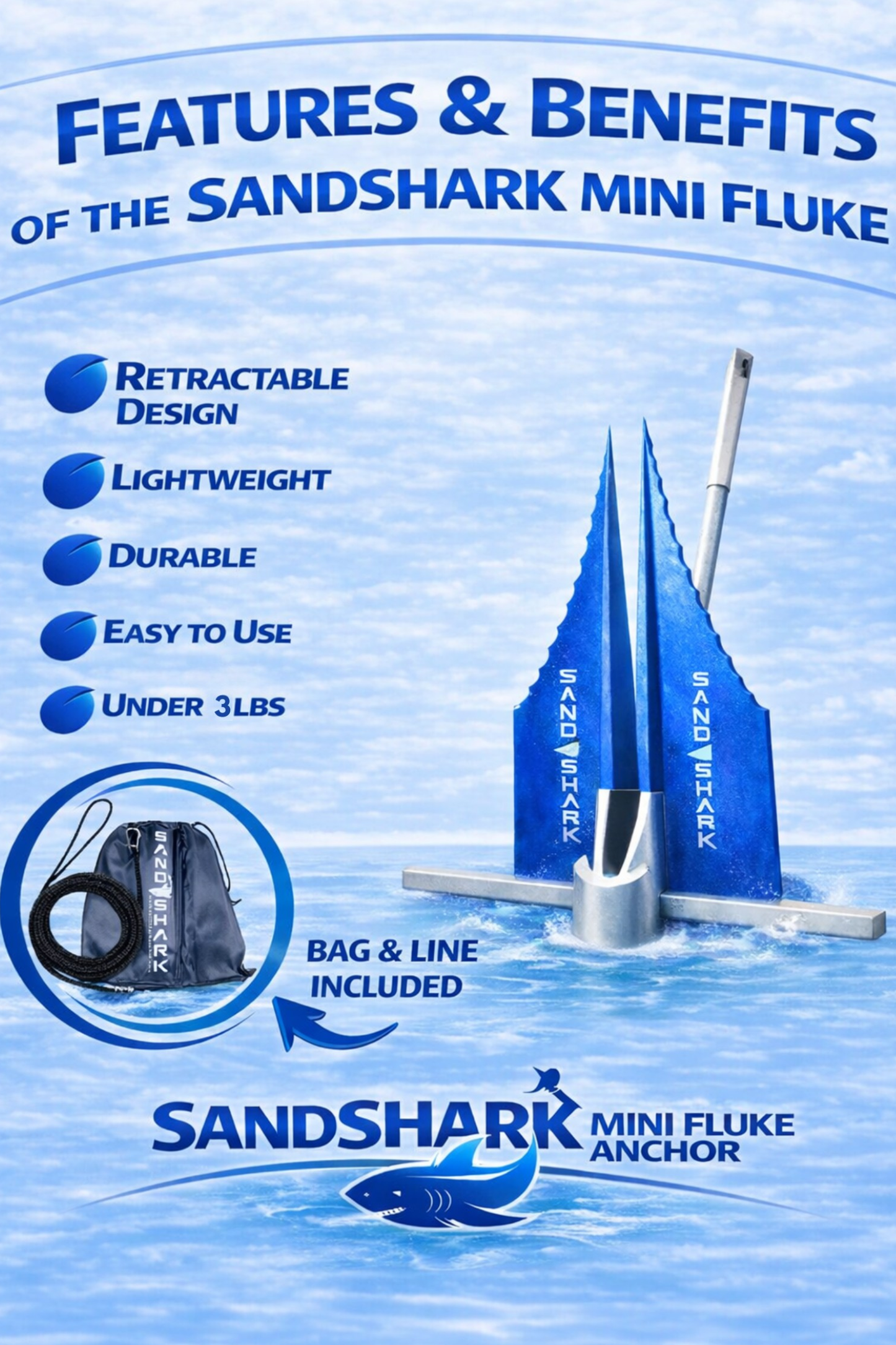 Mini Fluke Anchorâ€“ Compact, Powerful Anchor for Jet Skis, PWCs, Kayak, & Small Boats (Anchor, Line, Case)