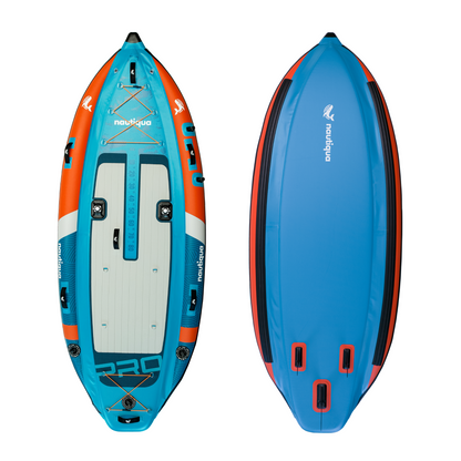 Inflatable paddle board with blue and orange design on a white background