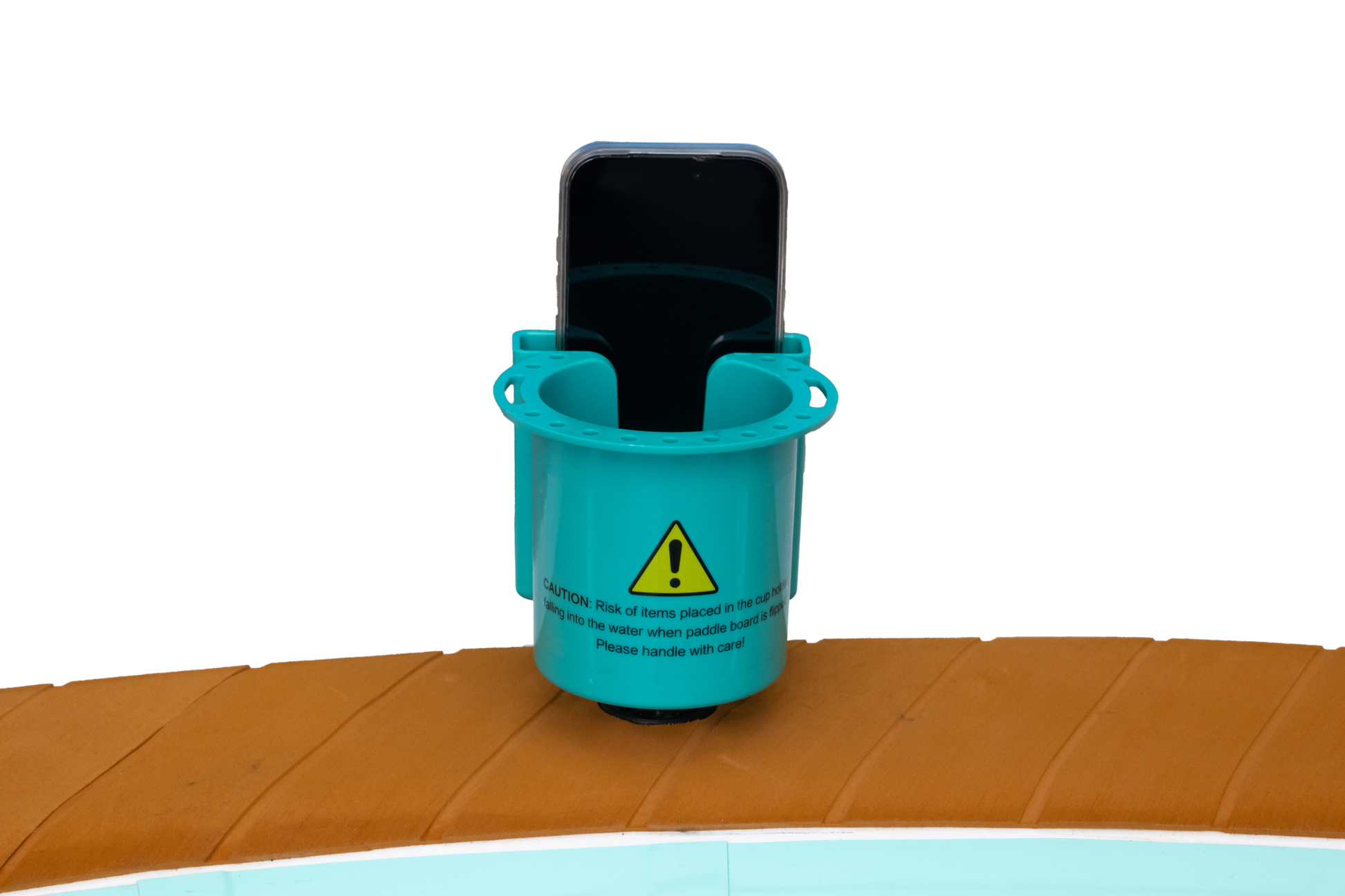 Turquoise phone holder with a smartphone on a white background