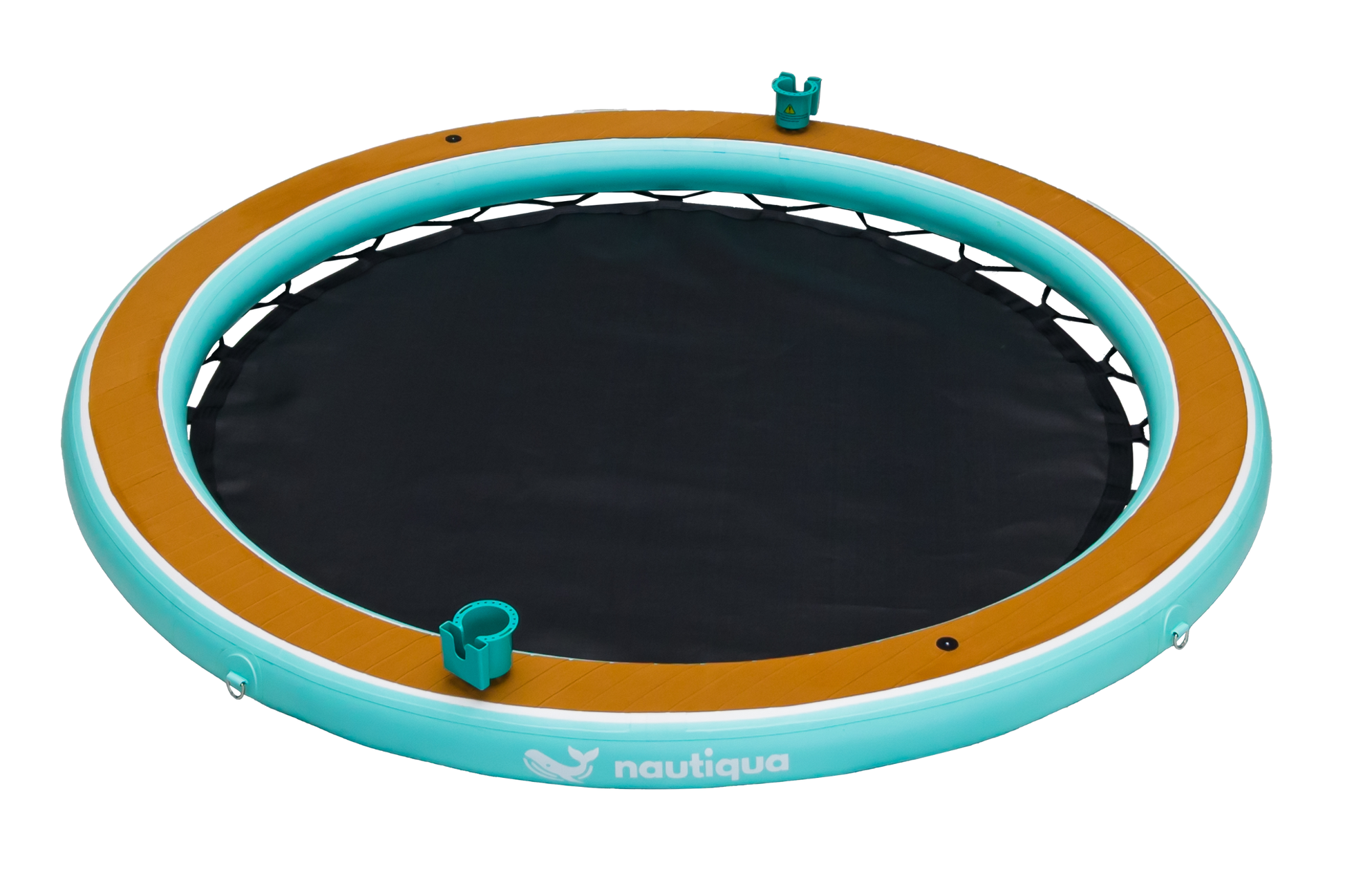 Round trampoline with brown and teal rim on a white background