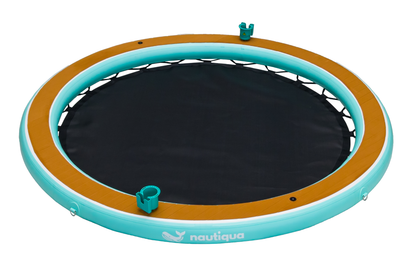 Round trampoline with brown and teal rim on a white background