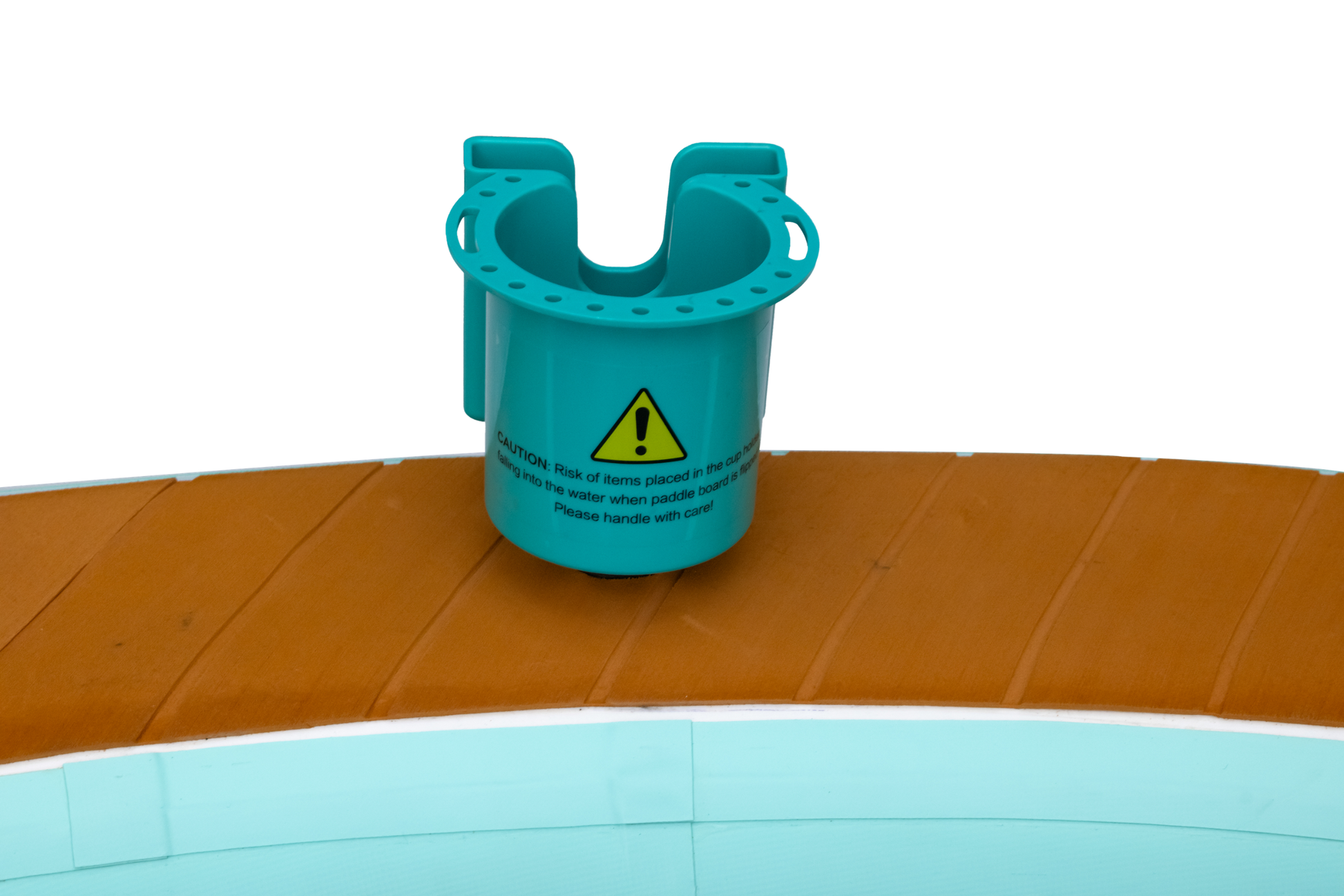 Turquoise plastic cup holder with warning label on a white background