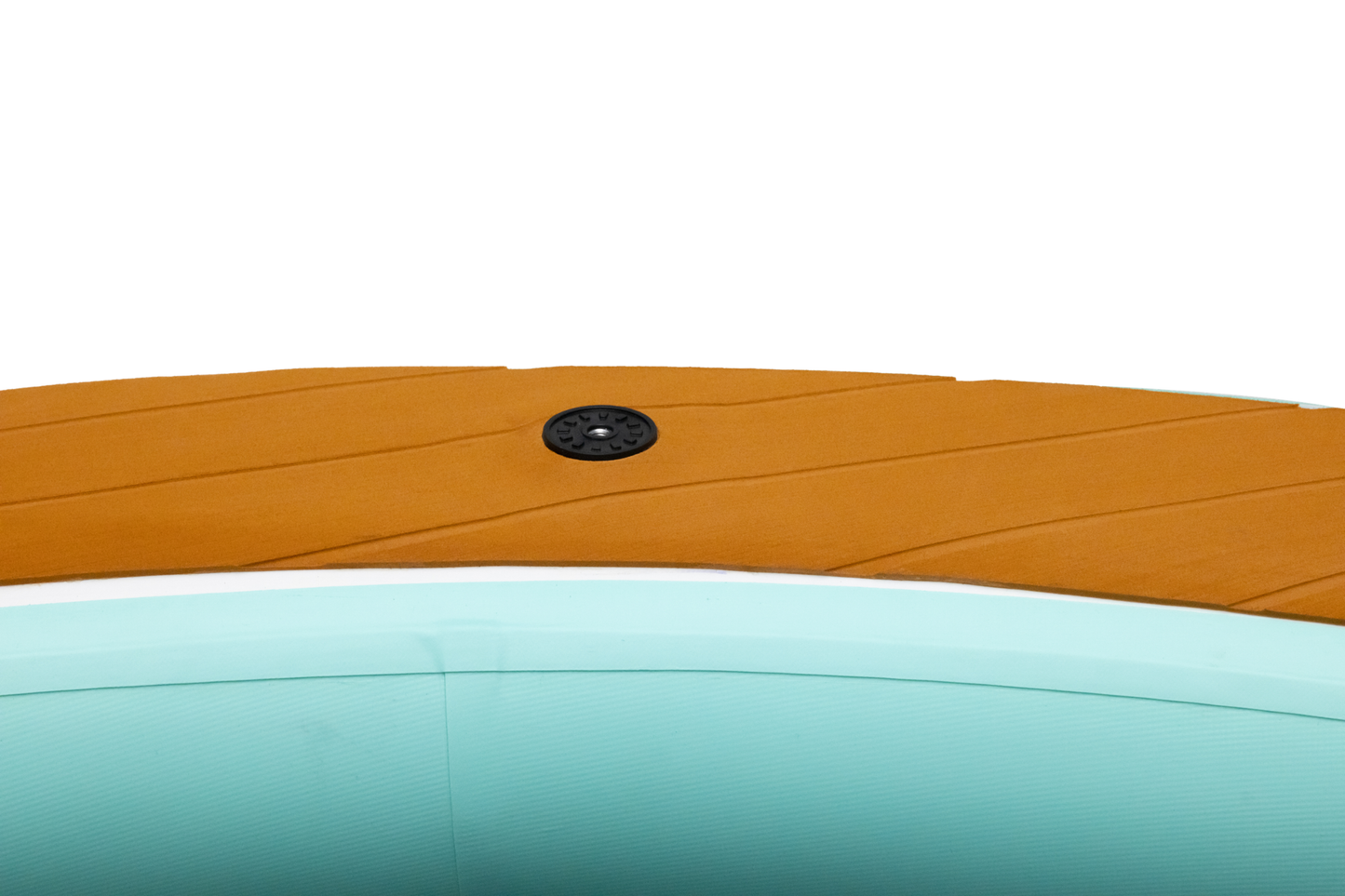 Close-up of a yellow and light blue inflatable boat with a black valve on a white background