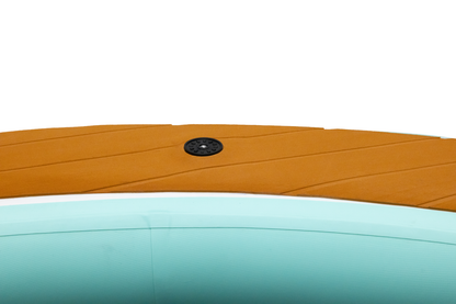Close-up of a yellow and light blue inflatable boat with a black valve on a white background