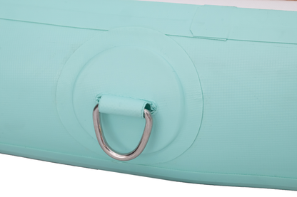 Light blue suitcase with a silver handle on a white background