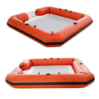 Two views of an orange inflatable raft on a white background