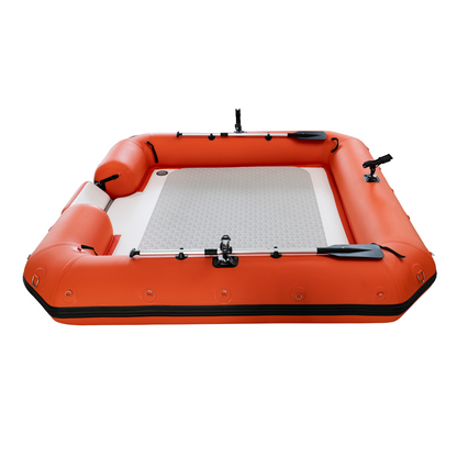 Orange inflatable raft with a white mat on a white background