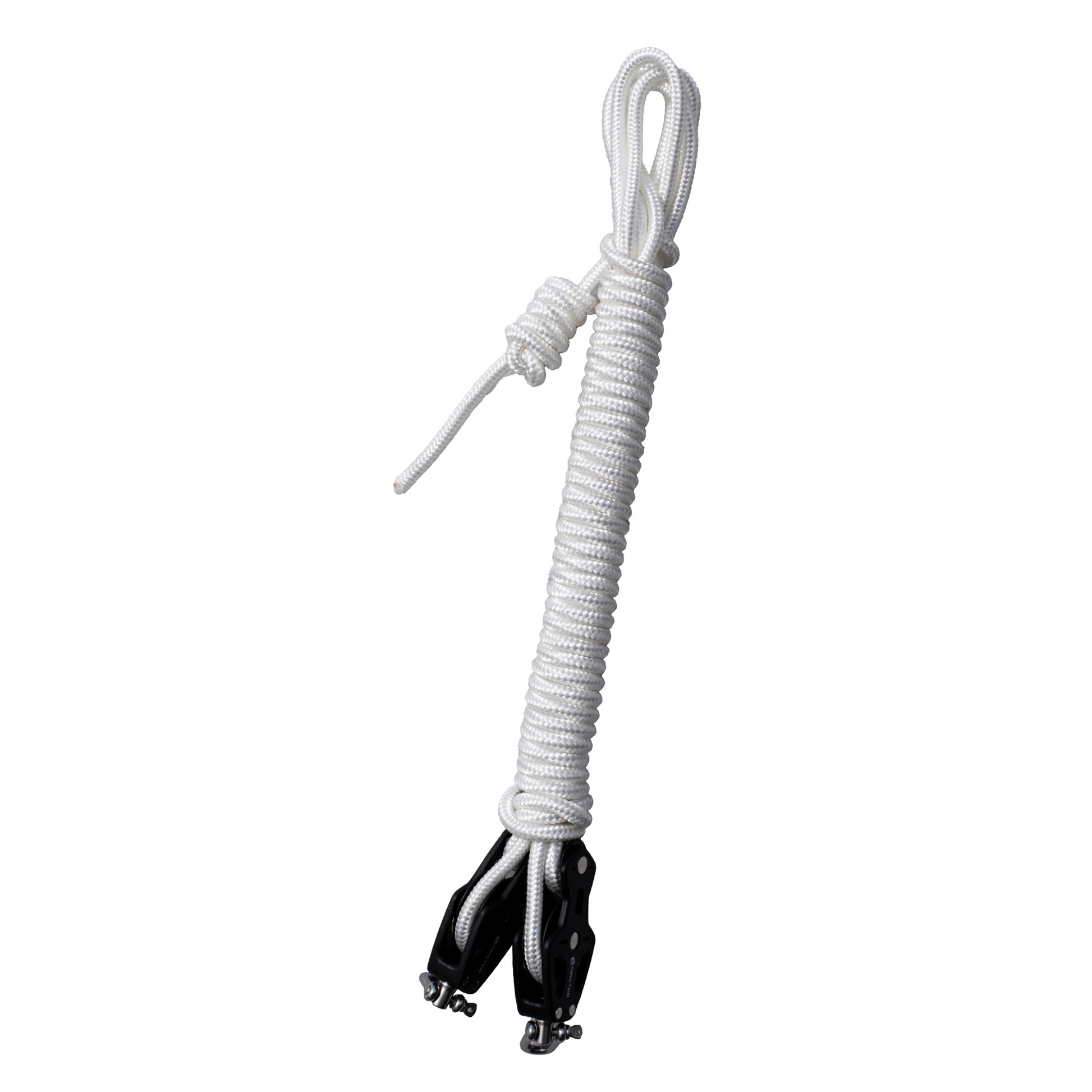 White rope with black metal clips on a white background