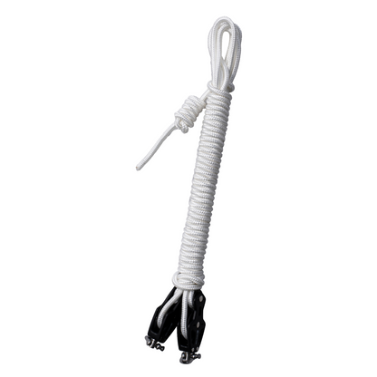 White rope with black metal clips on a white background