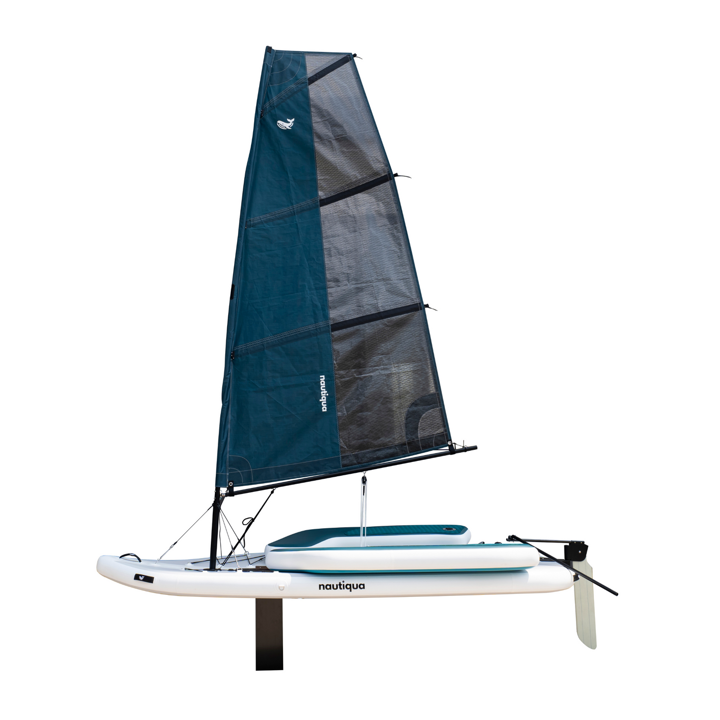 Sailboard with a blue sail on a white background
