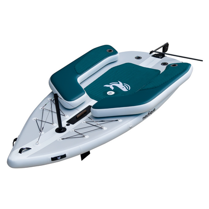 White and teal inflatable kayak with a seat on a white background