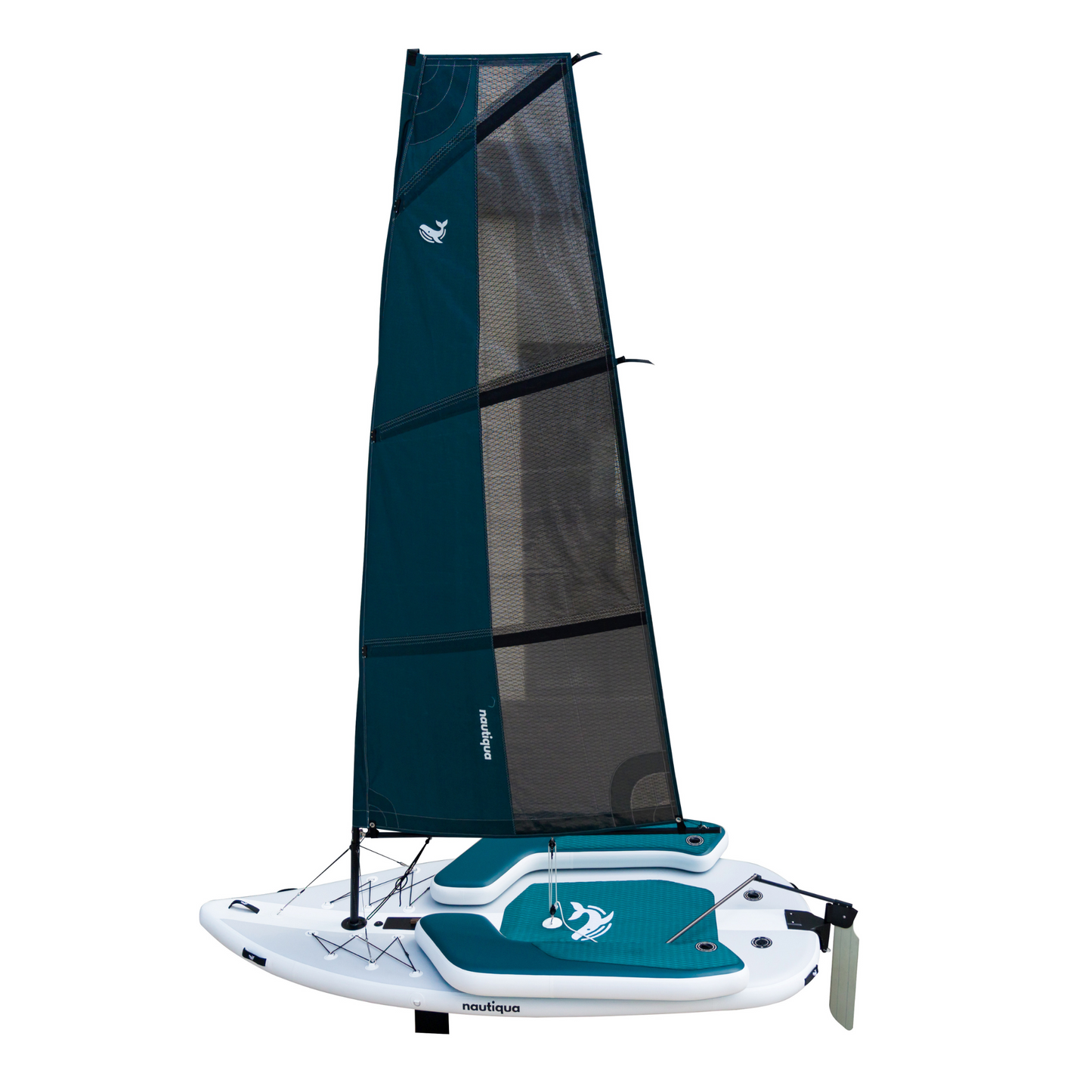 Sailboat with teal sail and white base on a white background
