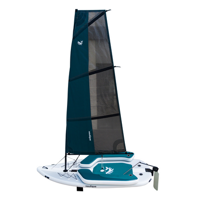 Sailboat with teal sail and white base on a white background