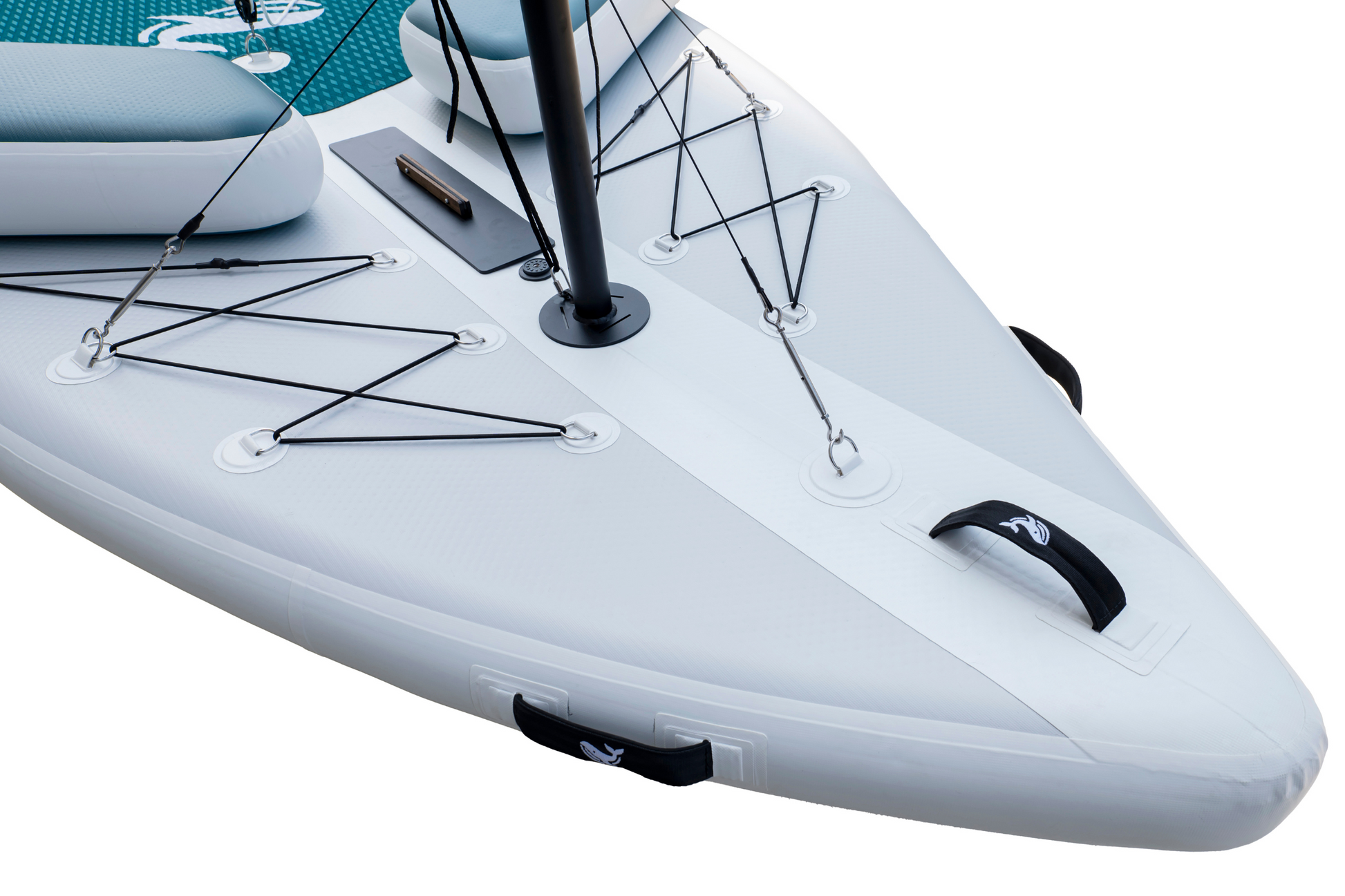 Close-up of a white inflatable kayak with blue accents on a white background