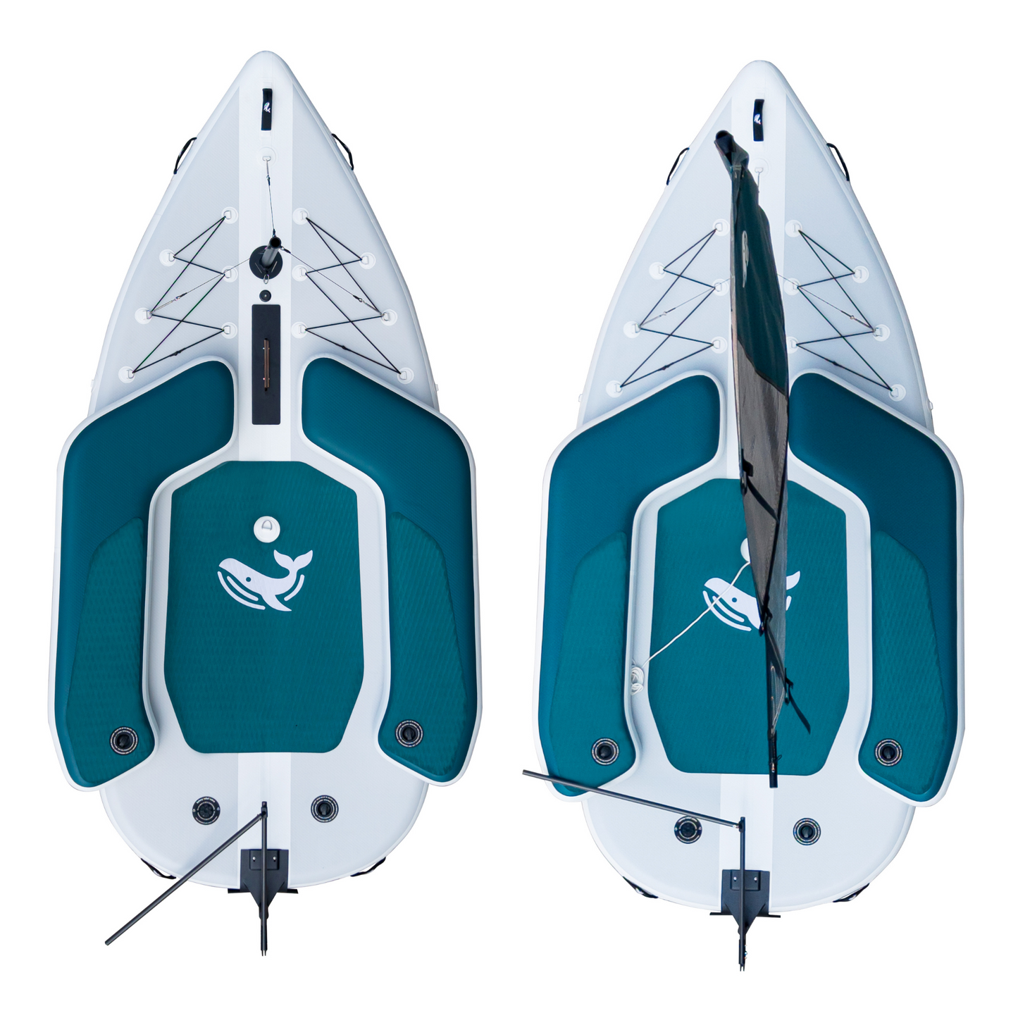 Two teal and white inflatable water boards on a white background